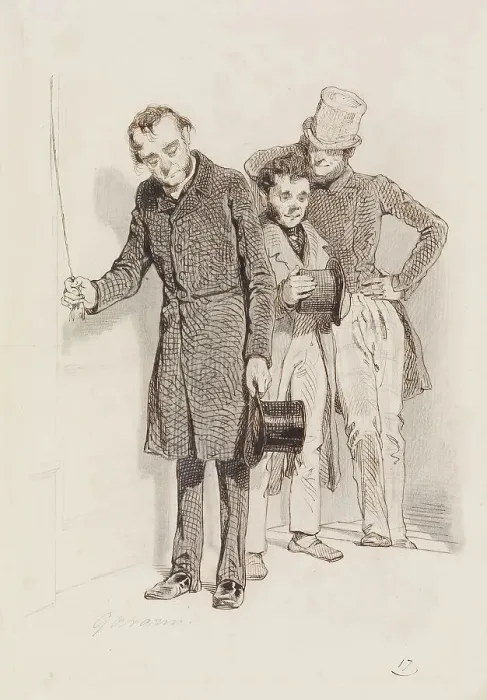 Framed Print : Three Men, One Pulling a Bell, 1845. Creator: Paul Gavarni Framed Print : Three Men, One Pulling a Bell, 1845. Creator: Paul Gavarni