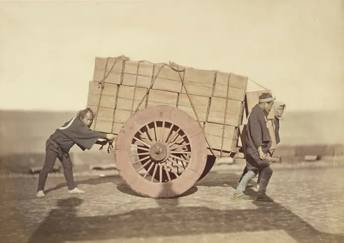 Framed Print : Men pushing a Wagon, about 1868. Creator: Felice Beato Framed Print : Men pushing a Wagon, about 1868. Creator: Felice Beato