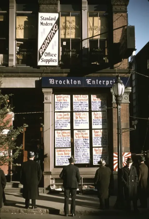 Framed Print : Men reading headlines posted in street-corner of Brockton Enterprise... office, Brockton, Mass. 1940 Creator: Jack Delano Framed Print : Men reading headlines posted in street-corner of Brockton Enterprise... office, Brockton, Mass. 1940 Creator: Jack Delano