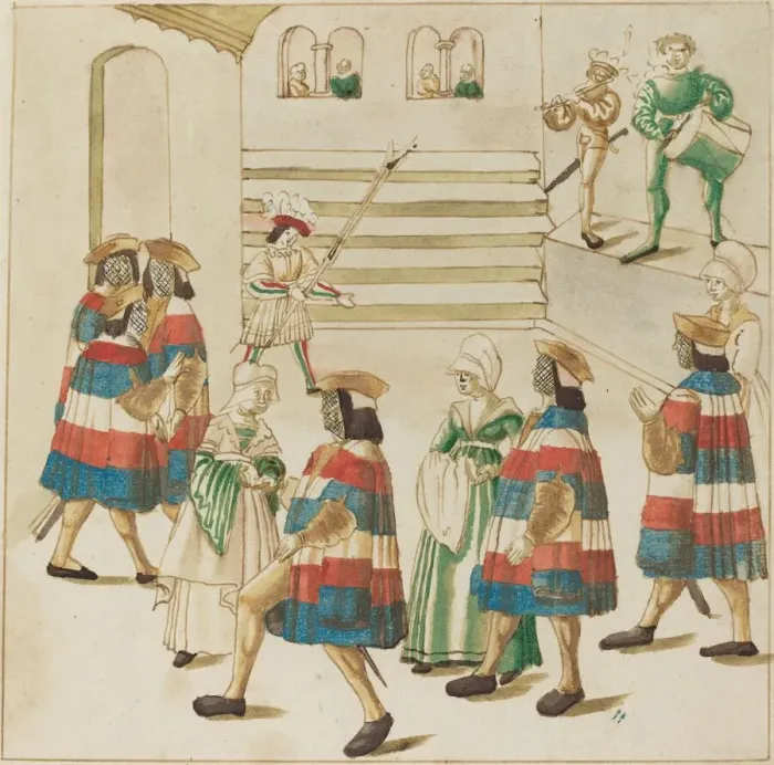 Framed Print : Men in Red, White and Blue Dancing with Their Partners, c. 1515. Creator: Unknown Framed Print : Men in Red, White and Blue Dancing with Their Partners, c. 1515. Creator: Unknown