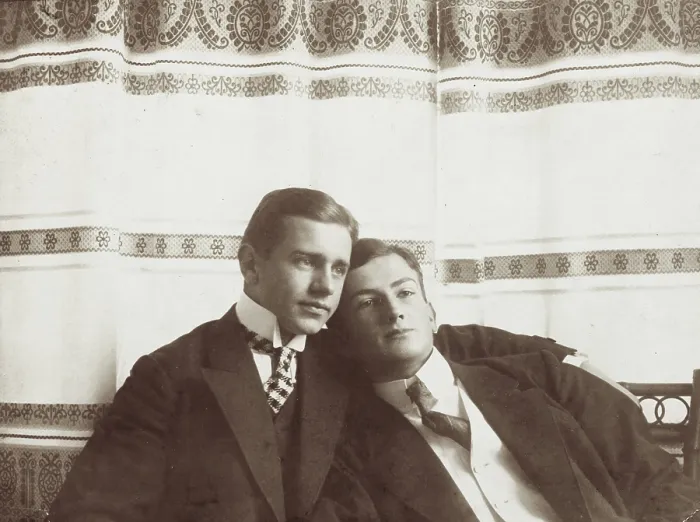 Framed Print : Two men resting close to one another, wearing formal attire, 1910. Creator: Unknown Framed Print : Two men resting close to one another, wearing formal attire, 1910. Creator: Unknown