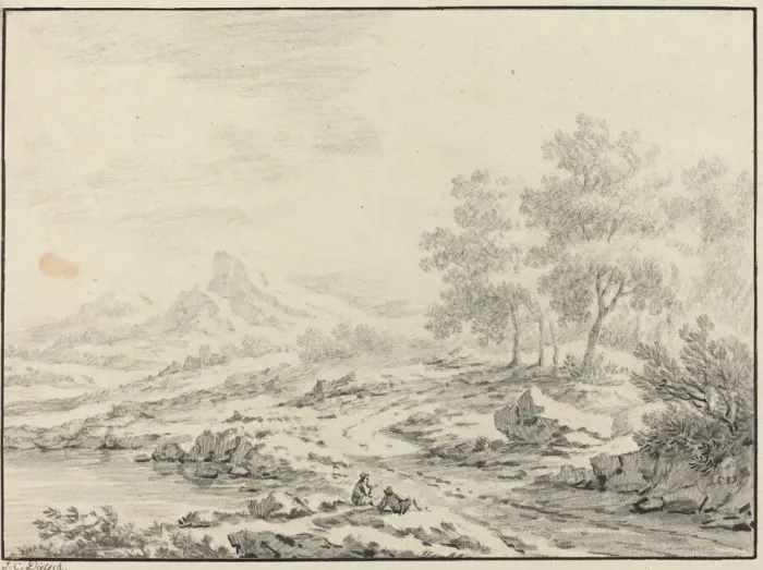 Framed Print : Two Men Resting near a Lake. Creator: Johann Christoph Dietzsch Framed Print : Two Men Resting near a Lake. Creator: Johann Christoph Dietzsch
