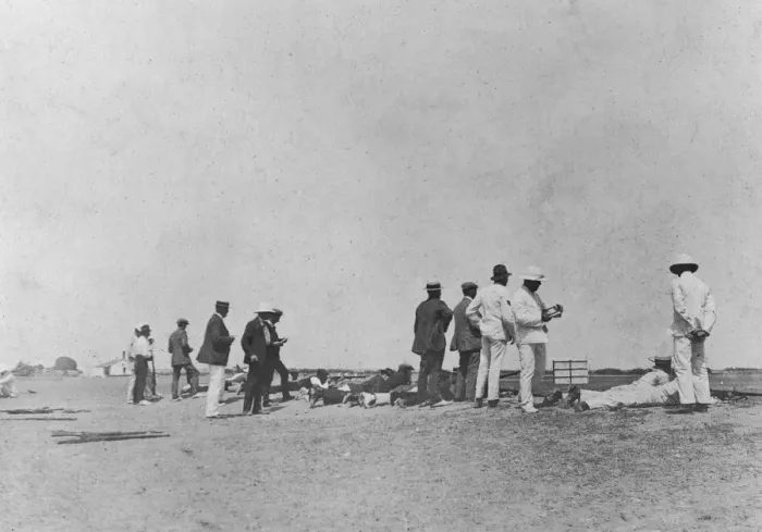 Framed Print : Men at a rifle range, 20th century Framed Print : Men at a rifle range, 20th century