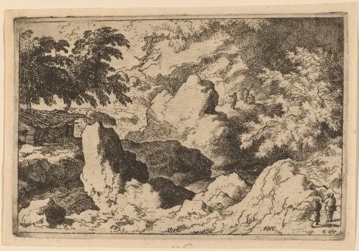 Framed Print : Three Men on a Rock, probably c. 1645 / 1656. Creator: Allart van Everdingen Framed Print : Three Men on a Rock, probably c. 1645 / 1656. Creator: Allart van Everdingen