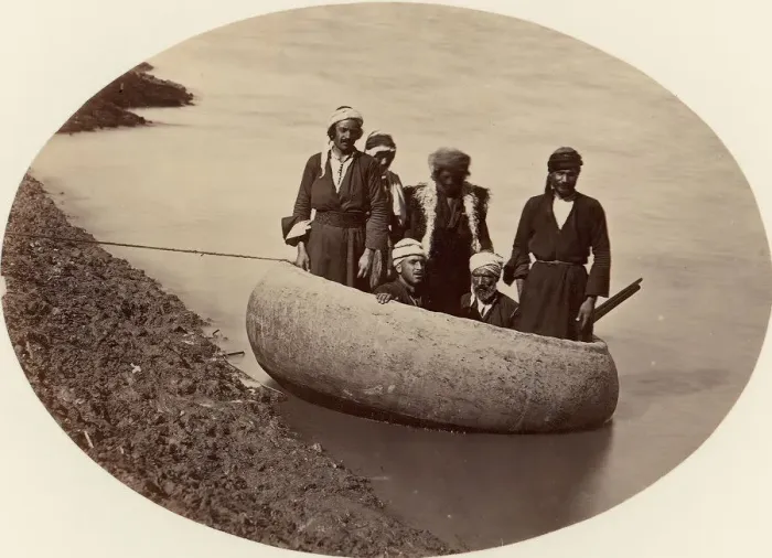 Framed Print : Six Men in a Round Boat, Baghdad, ca. 1870. Creator: Unknown Framed Print : Six Men in a Round Boat, Baghdad, ca. 1870. Creator: Unknown