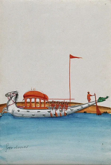 Framed Print : Four men row a long boat with a domed canopy, shaped as two horses in... (between 1800 and 1899?). Creator: Unknown Framed Print : Four men row a long boat with a domed canopy, shaped as two horses in... (between 1800 and 1899?). Creator: Unknown