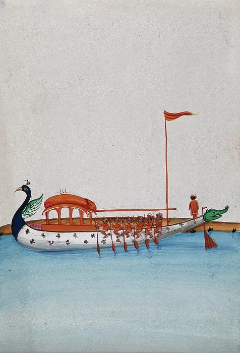 Framed Print : Six men row a long boat with a domed canopy, shaped as a peacock in the... (between 1800 and 1899?). Creator: Unknown Framed Print : Six men row a long boat with a domed canopy, shaped as a peacock in the... (between 1800 and 1899?). Creator: Unknown