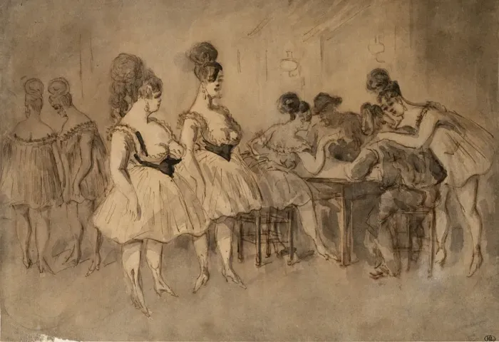 Framed Print : Men with scantily dressed women sitting at the table Framed Print : Men with scantily dressed women sitting at the table