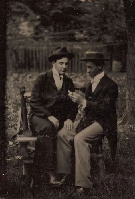 Framed Print : Two Men Seated on a Bench, One with His Hand on the Leg of the Other, 1870s-80s Framed Print : Two Men Seated on a Bench, One with His Hand on the Leg of the Other, 1870s-80s
