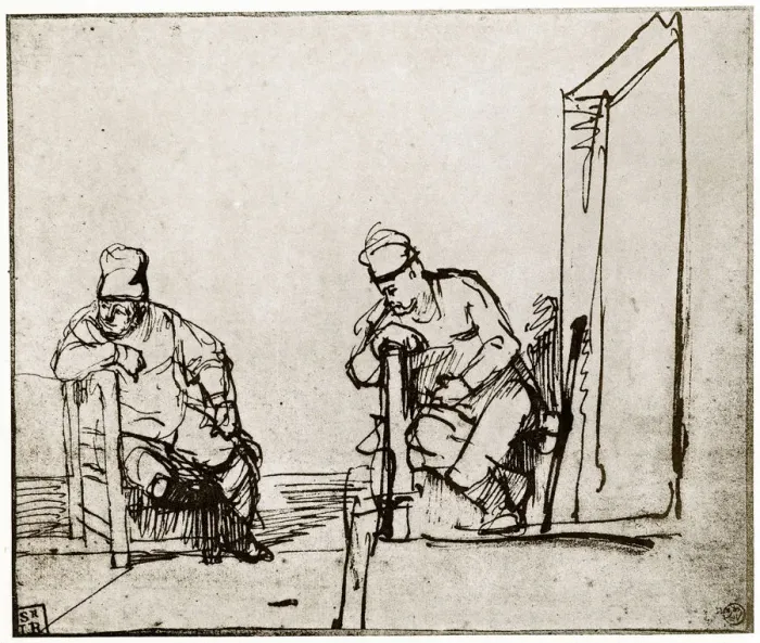 Framed Print : Two Men Seated at a Doorway, 1913. Artist: Rembrandt Harmensz van Rijn Framed Print : Two Men Seated at a Doorway, 1913. Artist: Rembrandt Harmensz van Rijn