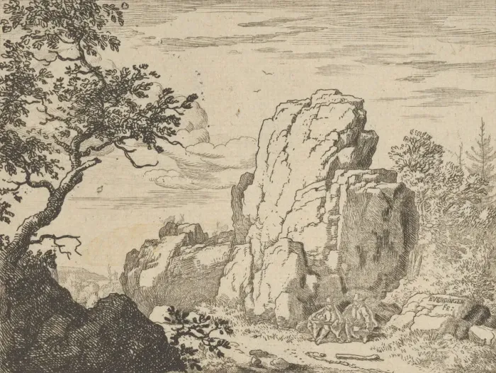 Framed Print : Two Men Seated at the Foot of a High Rock, 17th century. Creator: Allart van Everdingen Framed Print : Two Men Seated at the Foot of a High Rock, 17th century. Creator: Allart van Everdingen