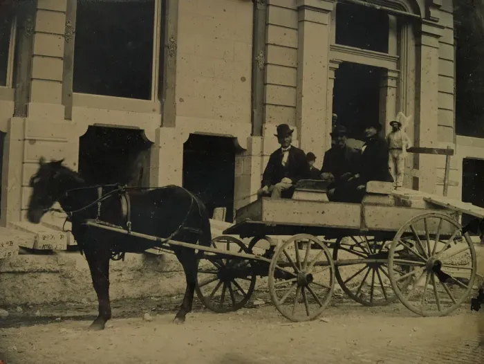 Framed Print : Three Men Seated in a Horse-Drawn Buggy in Front of a Building Under Construction Framed Print : Three Men Seated in a Horse-Drawn Buggy in Front of a Building Under Construction