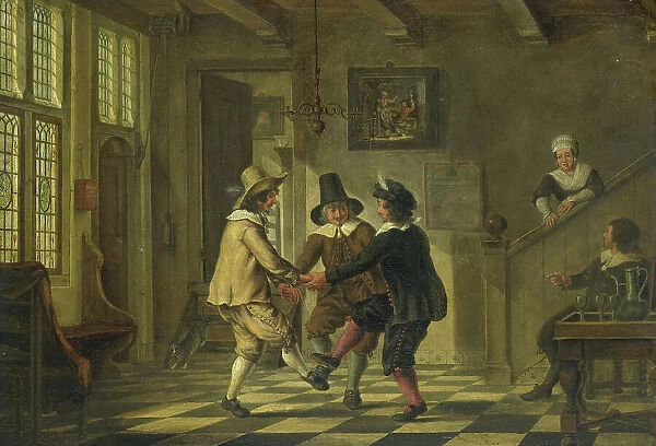 Three men in seventeenth-century costumes dancing in the entrance hall of a house, 1700-1885. Creator: Unknown