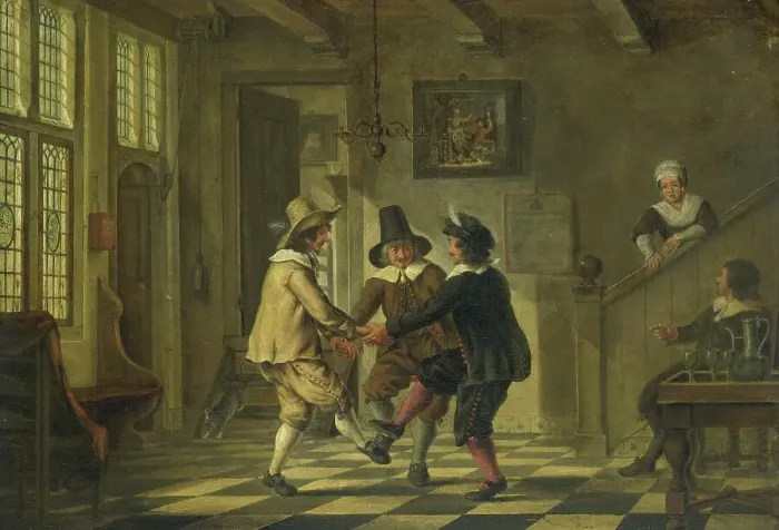 Framed Print : Three men in seventeenth-century costumes dancing in the entrance hall of a house, 1700-1885. Creator: Unknown Framed Print : Three men in seventeenth-century costumes dancing in the entrance hall of a house, 1700-1885. Creator: Unknown