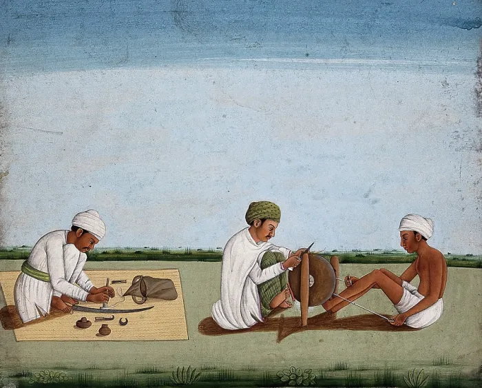 Framed Print : Two men sharpening a knife whilst the third prepares the blade on a sword, (between 1800 and 1899?). Creator: Unknown Framed Print : Two men sharpening a knife whilst the third prepares the blade on a sword, (between 1800 and 1899?). Creator: Unknown
