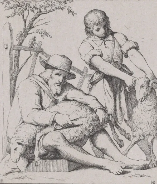 Framed Print : Two men sheep shearing, ca. 1842. Creator: Eduard Julius Friedrich Bendemann Framed Print : Two men sheep shearing, ca. 1842. Creator: Eduard Julius Friedrich Bendemann