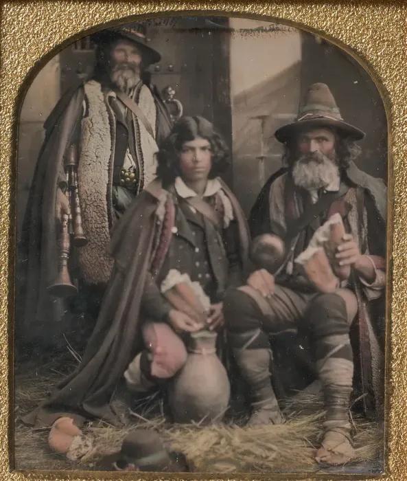 Framed Print : Three Men in Shepherd Attire, One with Bagpipes, the Other Two Holding Bread, 1850s Framed Print : Three Men in Shepherd Attire, One with Bagpipes, the Other Two Holding Bread, 1850s