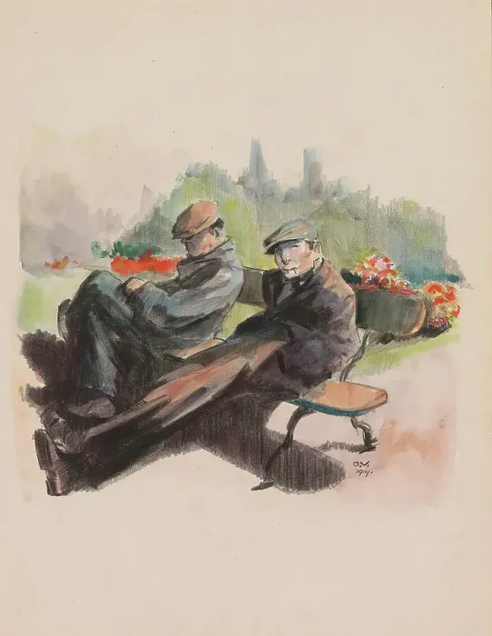 Framed Print : Two men sitting on a bench in a park, 1919. Creator: Otto Verhagen Framed Print : Two men sitting on a bench in a park, 1919. Creator: Otto Verhagen