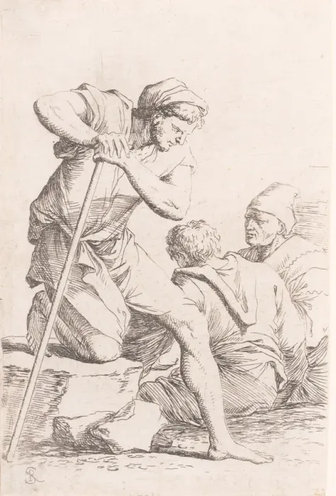 Framed Print : Two men sitting and another man holding a staff kneeling on a rock, from the seri... ca Framed Print : Two men sitting and another man holding a staff kneeling on a rock, from the seri... ca