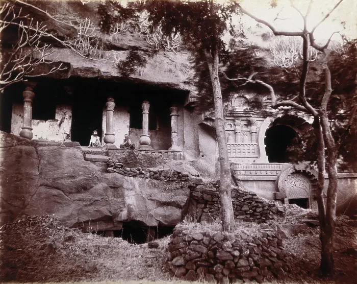 Framed Print : Two men sitting in a temple carved out of a rock face in Bombay at the time of the plague, 1896 / 1897 Creator: Unknown Framed Print : Two men sitting in a temple carved out of a rock face in Bombay at the time of the plague, 1896 / 1897 Creator: Unknown