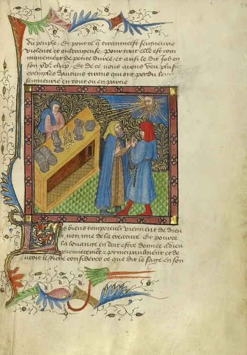 Framed Print : Two Men Standing before a Bench of Money, Plates, and Goblets; Livre de Bonnes Moeurs, about 1430. Creator: Unknown Framed Print : Two Men Standing before a Bench of Money, Plates, and Goblets; Livre de Bonnes Moeurs, about 1430. Creator: Unknown