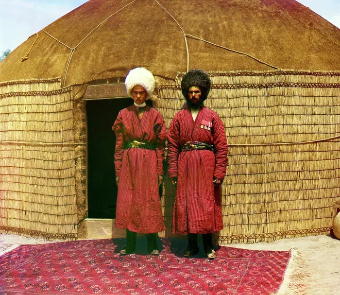 Framed Print : Two men standing on a rug, in front of yurt, between 1905 and 1915. Creator: Sergey Mikhaylovich Prokudin-Gorsky Framed Print : Two men standing on a rug, in front of yurt, between 1905 and 1915. Creator: Sergey Mikhaylovich Prokudin-Gorsky