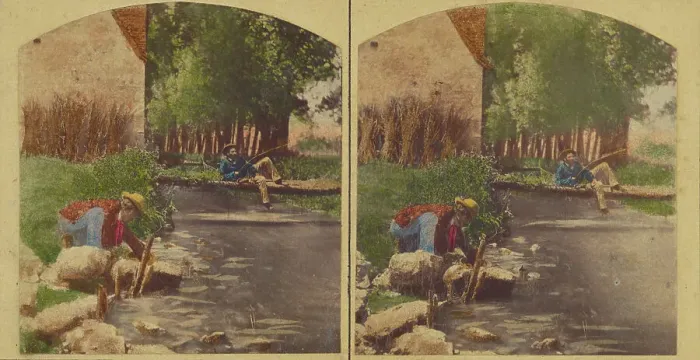 Framed Print : Men at stream fishing, about 1860. Creator: Unknown Framed Print : Men at stream fishing, about 1860. Creator: Unknown