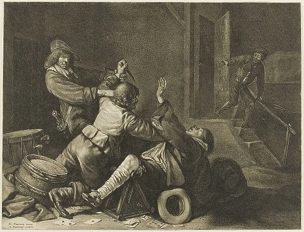 Three Men Struggling in an Interior, n.d. Creator: Jonas Suyderhoef