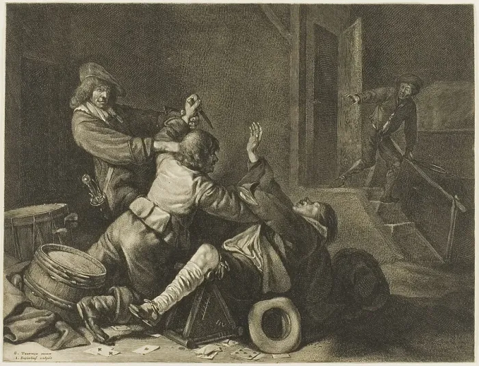 Framed Print : Three Men Struggling in an Interior, n.d. Creator: Jonas Suyderhoef Framed Print : Three Men Struggling in an Interior, n.d. Creator: Jonas Suyderhoef