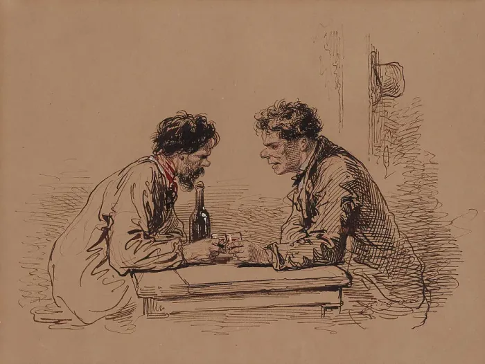 Framed Print : Two Men at a Table with Wine, c1859. Creator: Paul Gavarni Framed Print : Two Men at a Table with Wine, c1859. Creator: Paul Gavarni