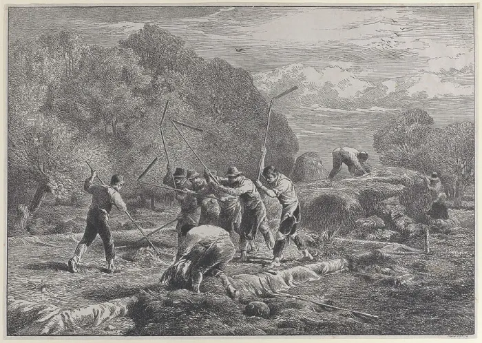 Framed Print : Men thrashing, 1800-1900. Creator: Anon Framed Print : Men thrashing, 1800-1900. Creator: Anon