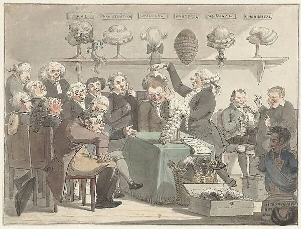 Men trying on wigs, 1800-1805. Creator: Jacob Smies