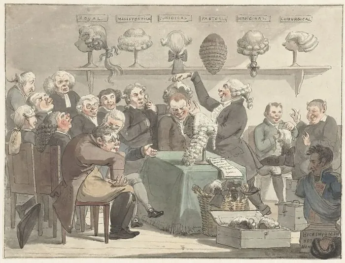 Framed Print : Men trying on wigs, 1800-1805. Creator: Jacob Smies Framed Print : Men trying on wigs, 1800-1805. Creator: Jacob Smies
