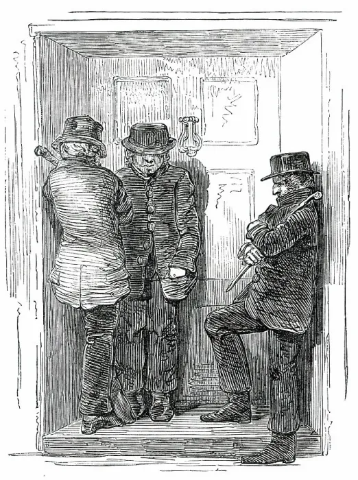 Framed Print : There are three men waiting outside, and I'm afraid to go out, 1850. Creator: Unknown Framed Print : There are three men waiting outside, and I'm afraid to go out, 1850. Creator: Unknown
