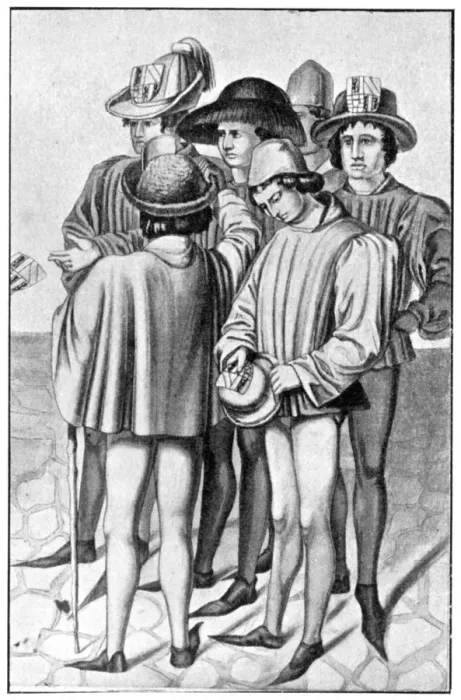 Framed Print : Men wearing favours in their hats, 15th century, (1910) Framed Print : Men wearing favours in their hats, 15th century, (1910)