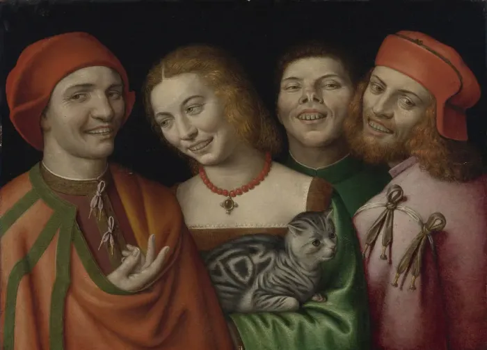 Framed Print : Three men with a woman holding a cat Framed Print : Three men with a woman holding a cat