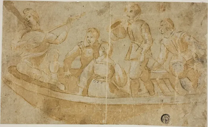 Framed Print : Three Men, Woman and Luteplayer in Boat, n.d. Creator: Unknown
