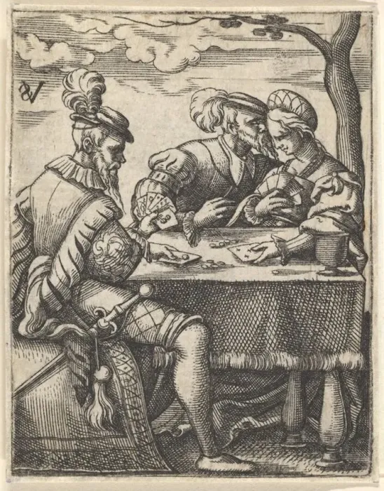 : Two men and a woman playing cards at a table, one man pressing his nose toward : Two men and a woman playing cards at a table, one man pressing his nose toward