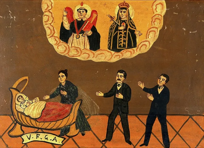 Framed Print : Two men and a woman praying for the health of a child, c1890. Creator: Unknown Framed Print : Two men and a woman praying for the health of a child, c1890. Creator: Unknown