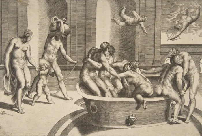 Framed Print : Men and women bathing, some embracing, 1531-76. Creator: Giulio Bonasone Framed Print : Men and women bathing, some embracing, 1531-76. Creator: Giulio Bonasone
