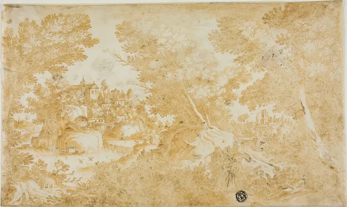 Framed Print : Men and Women Resting in Wooded Landscape with River, Villas, Church, n.d. Creator: Unknown Framed Print : Men and Women Resting in Wooded Landscape with River, Villas, Church, n.d. Creator: Unknown