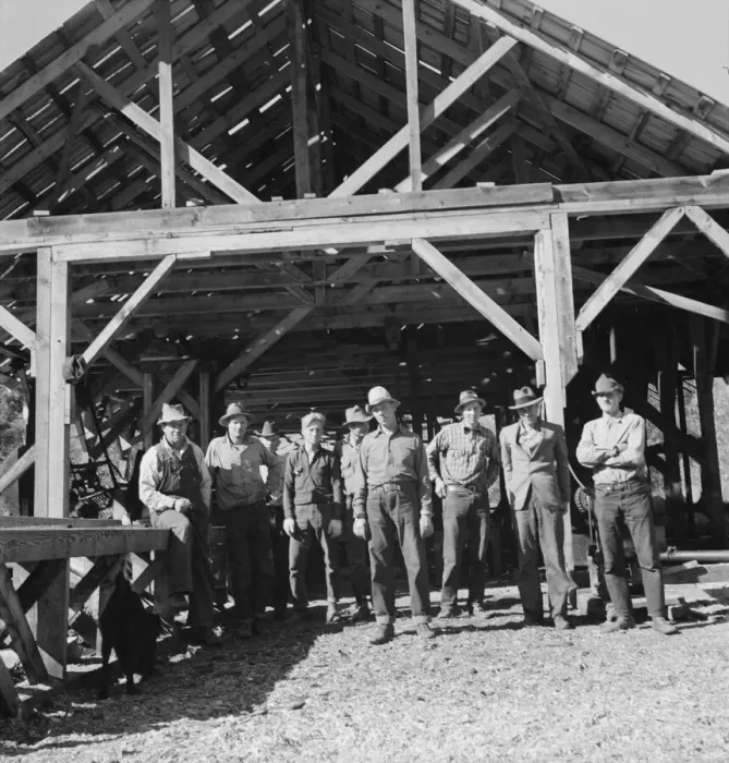 Framed Print : Men working in mill, Ola self-help sawmill co-op, Gem County, Idaho, 1939. Creator: Dorothea Lange Framed Print : Men working in mill, Ola self-help sawmill co-op, Gem County, Idaho, 1939. Creator: Dorothea Lange