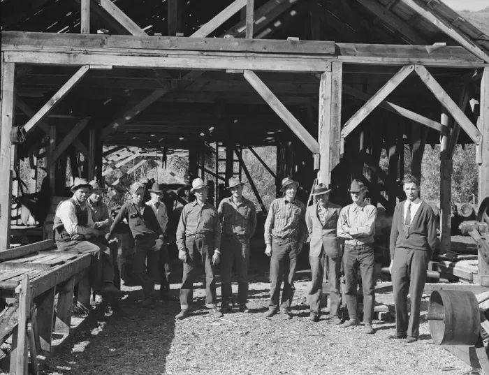 Framed Print : Men working in mill, Ola self-help sawmill co-op, Gem County, Idaho, 1939. Creator: Dorothea Lange Framed Print : Men working in mill, Ola self-help sawmill co-op, Gem County, Idaho, 1939. Creator: Dorothea Lange