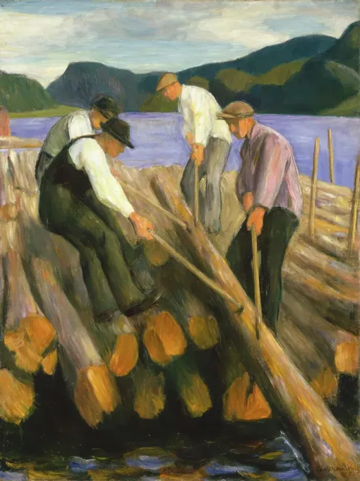 Framed Print : Men working on a Timber Boom, 1938. Creator: Erik Werenskiold Framed Print : Men working on a Timber Boom, 1938. Creator: Erik Werenskiold