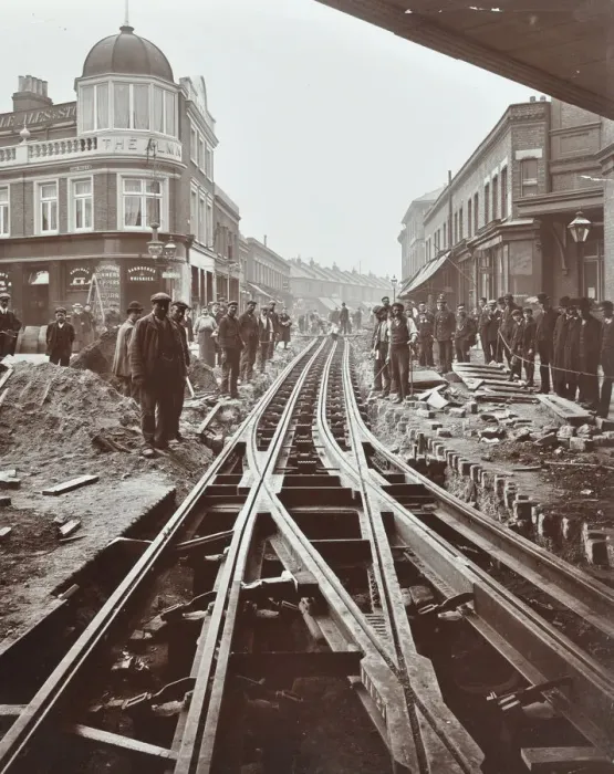Framed Print : Men working on tramline electricification, Wandsworth, London, 1906 Framed Print : Men working on tramline electricification, Wandsworth, London, 1906