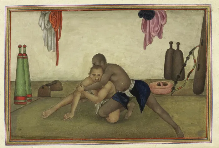 Framed Print : Two men wrestling, 1825. Creator: Anon Framed Print : Two men wrestling, 1825. Creator: Anon