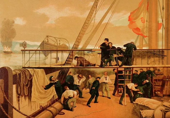 Framed Print : Mendez Nunez wounded in the Battle of El Callao (May 2, 1866), 19th century. Creator: Unknown Framed Print : Mendez Nunez wounded in the Battle of El Callao (May 2, 1866), 19th century. Creator: Unknown