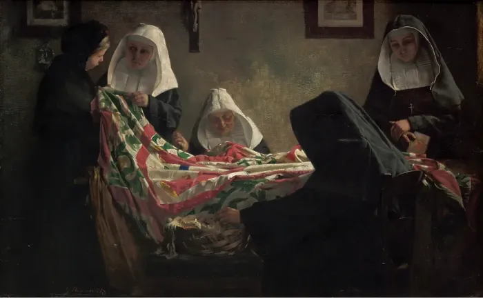 Framed Print : Mending of the Edegem Flag, 1902. Creator: Georges Nauwelaerts Framed Print : Mending of the Edegem Flag, 1902. Creator: Georges Nauwelaerts