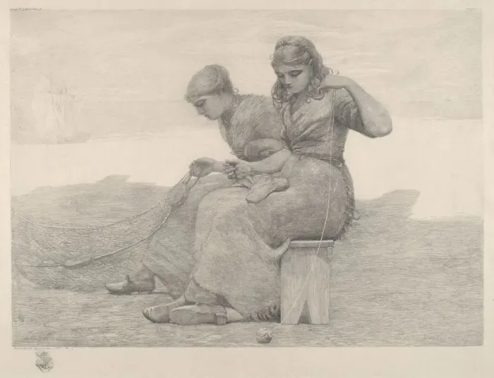 Framed Print : Mending Nets, 1888. Creator: Winslow Homer Framed Print : Mending Nets, 1888. Creator: Winslow Homer