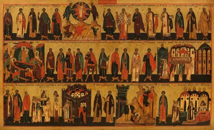 Framed Print : Menology of the month of August, between 1750 and 1800. Creator: Novgorod school Framed Print : Menology of the month of August, between 1750 and 1800. Creator: Novgorod school